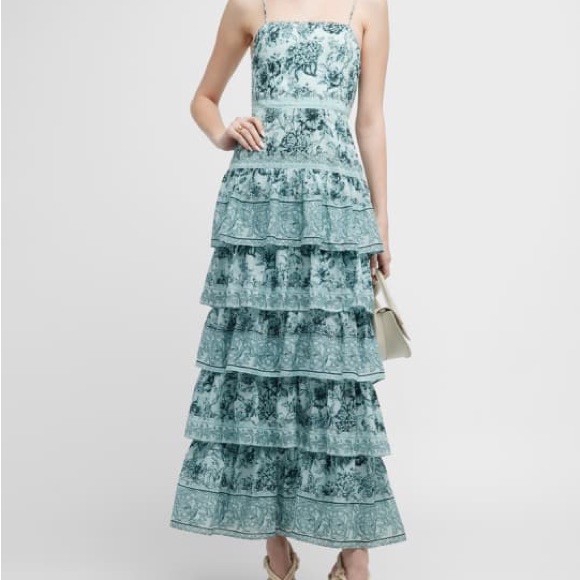 Alice + Olivia Tiered Floral Maxi Dress In Seafoam Green